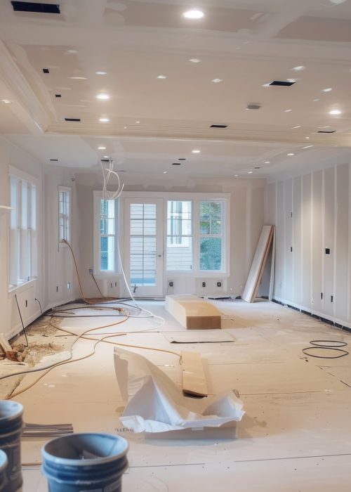 modernizing home lighting: installation of new electrical wiring and lights in spacious room